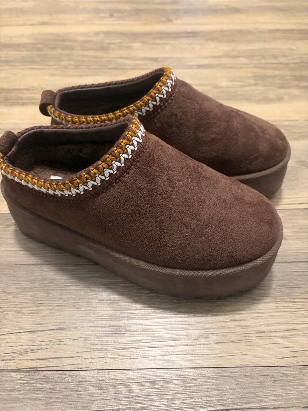 Brown Suede Platform Slip-On with Woven Trim
